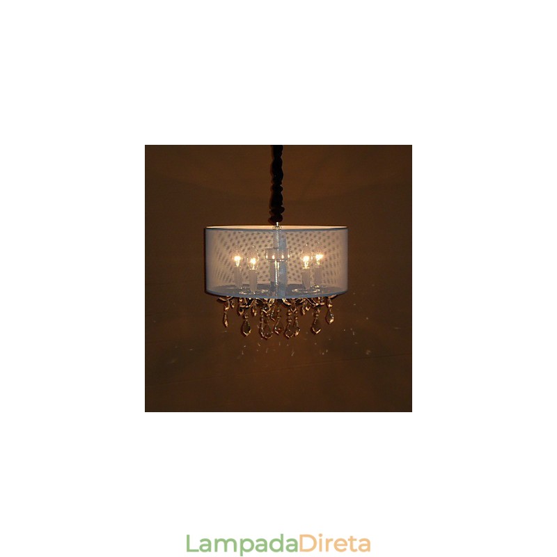Luminária pendente de cristal contemporânea com 5 luzes e cúpula semitransparente