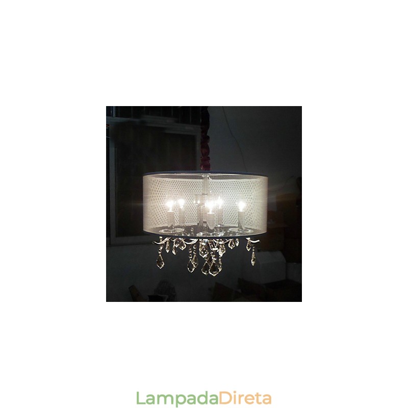 Luminária pendente de cristal contemporânea com 5 luzes e cúpula semitransparente