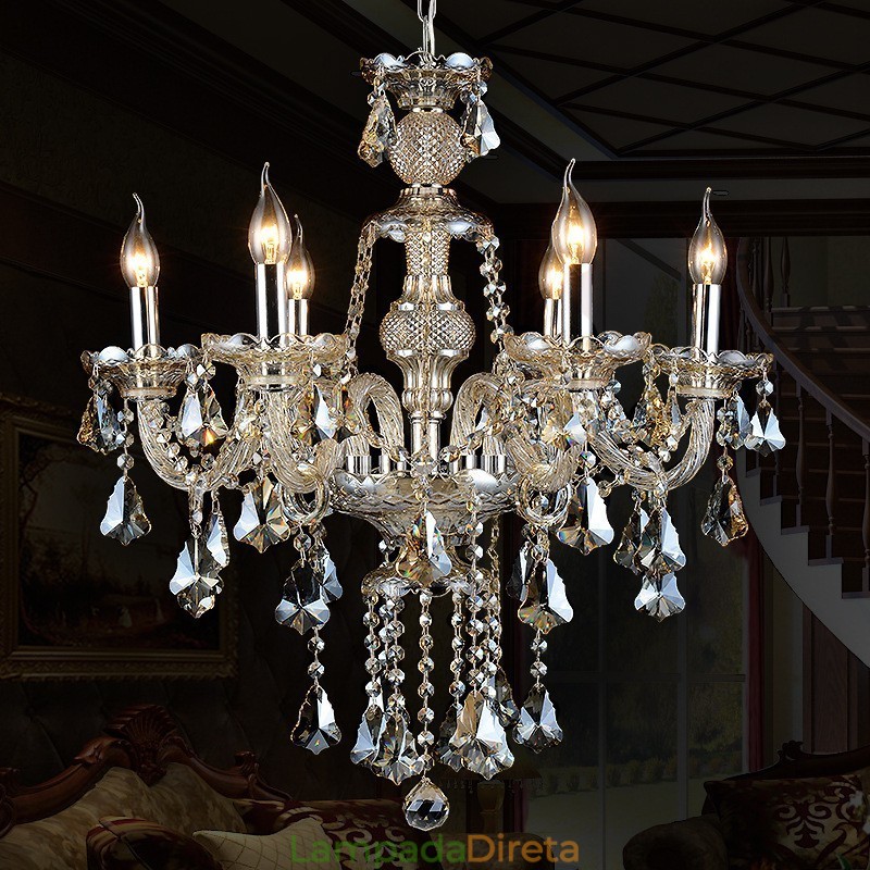 Lustre moderno de cristal K9 com 6 luzes retrô cor conhaque