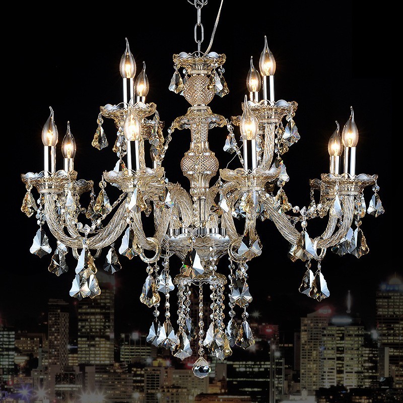 Lustre moderno de cristal K9 com 12 luzes retrô cor conhaque