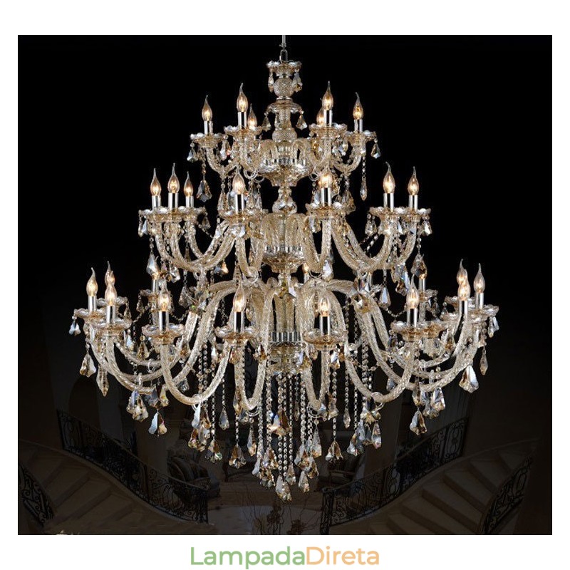 Lustre moderno e luxuoso extra grande de 3 camadas, cor conhaque retrô, cristal K9