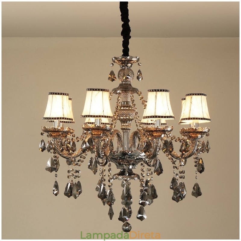 Lustre de cristal K9 retrô com 8 luzes, cor cinza