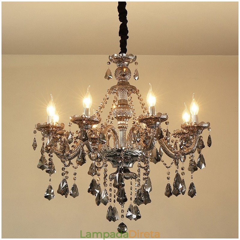 Lustre de cristal K9 retrô com 8 luzes, cor cinza