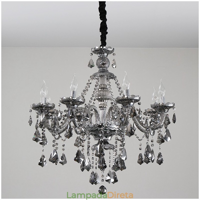 Lustre de cristal K9 retrô com 8 luzes, cor cinza