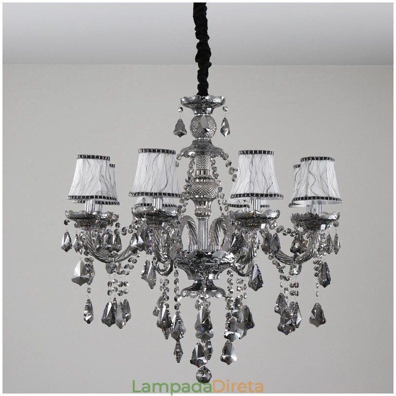 Lustre de cristal K9 retrô com 8 luzes, cor cinza