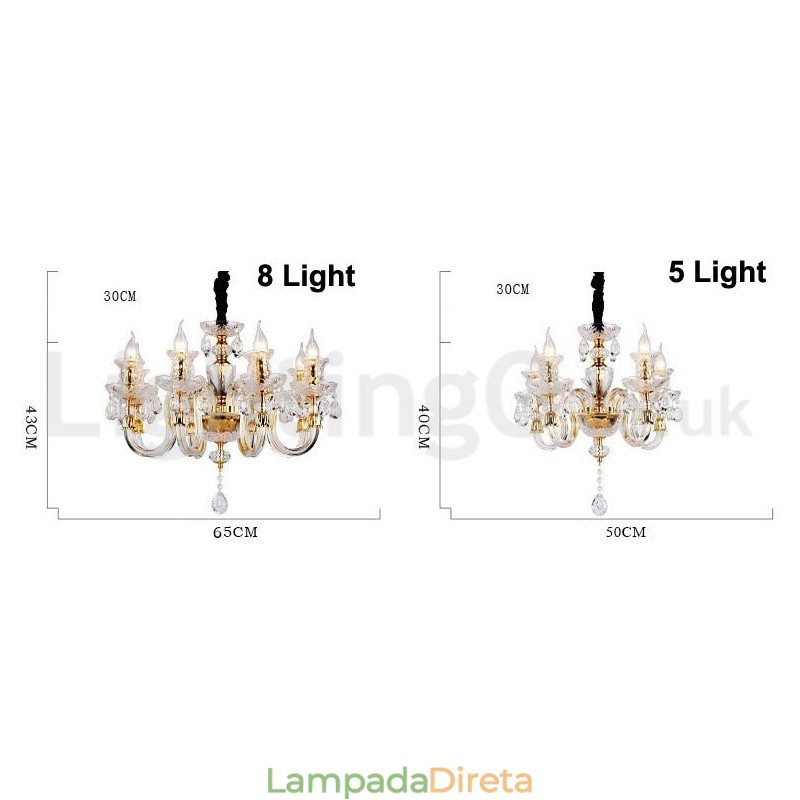 Lustre de vela de cristal transparente K9 cor ouro retrô