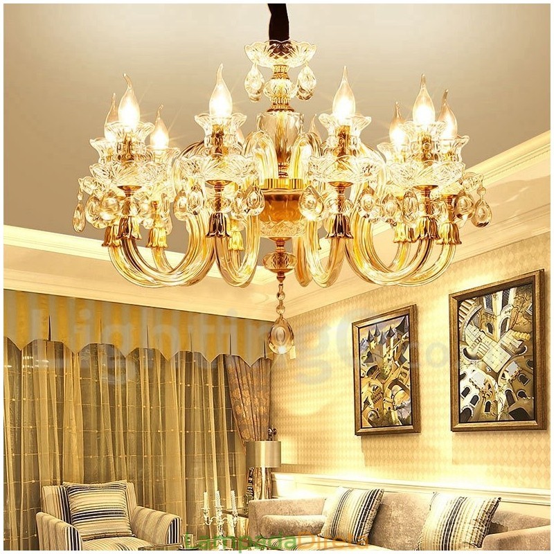 Lustre de vela de cristal transparente K9 cor ouro retrô