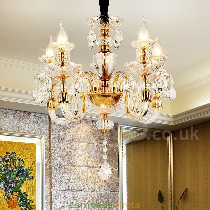 Lustre de vela de cristal transparente K9 cor ouro retrô