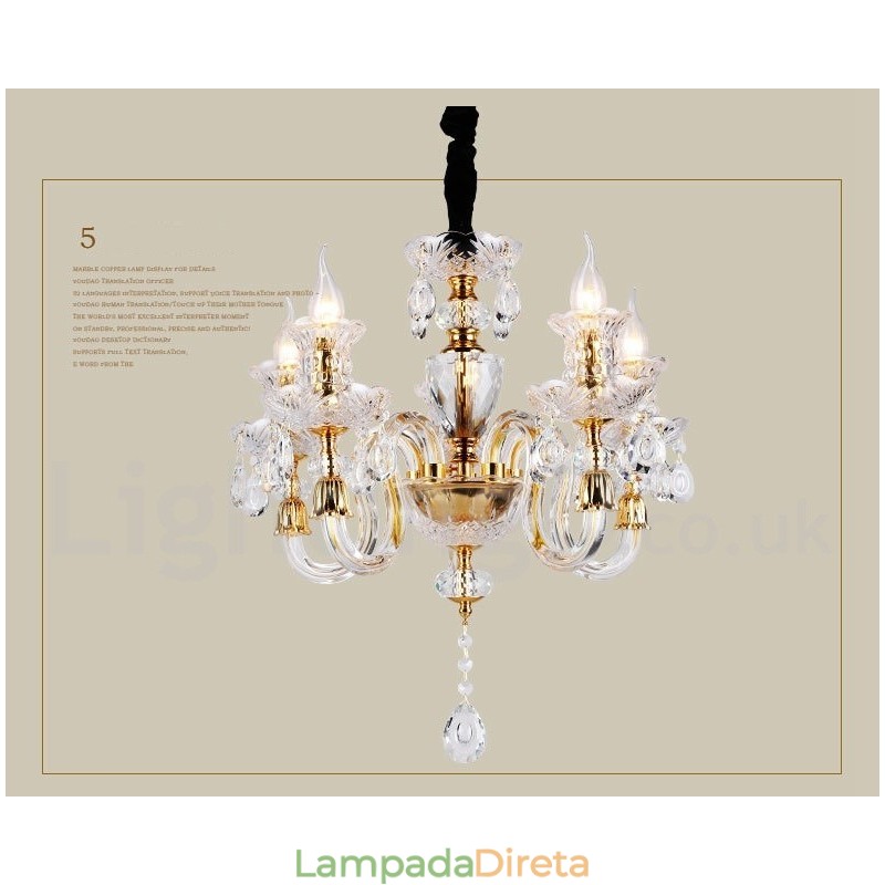 Lustre de vela de cristal transparente K9 cor ouro retrô
