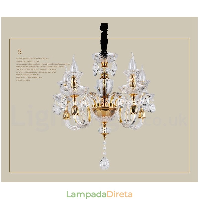 Lustre de vela de cristal transparente K9 cor ouro retrô
