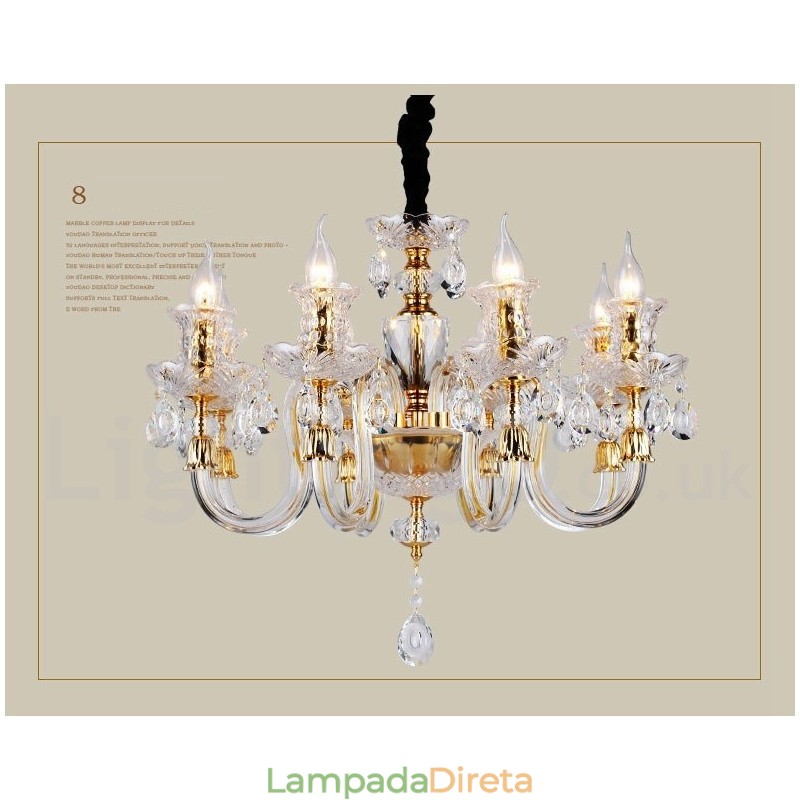 Lustre de vela de cristal transparente K9 cor ouro retrô