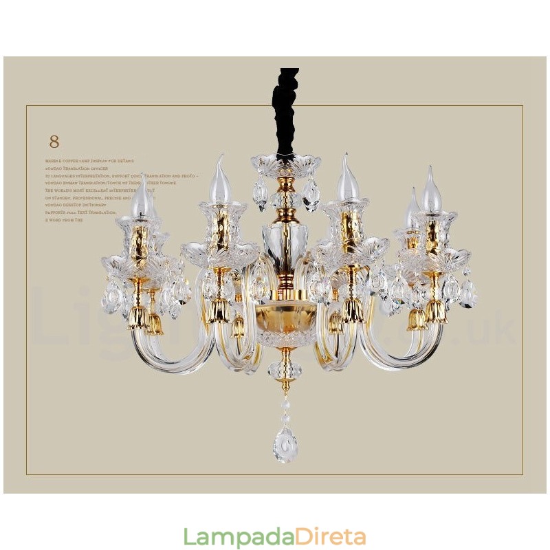 Lustre de vela de cristal transparente K9 cor ouro retrô