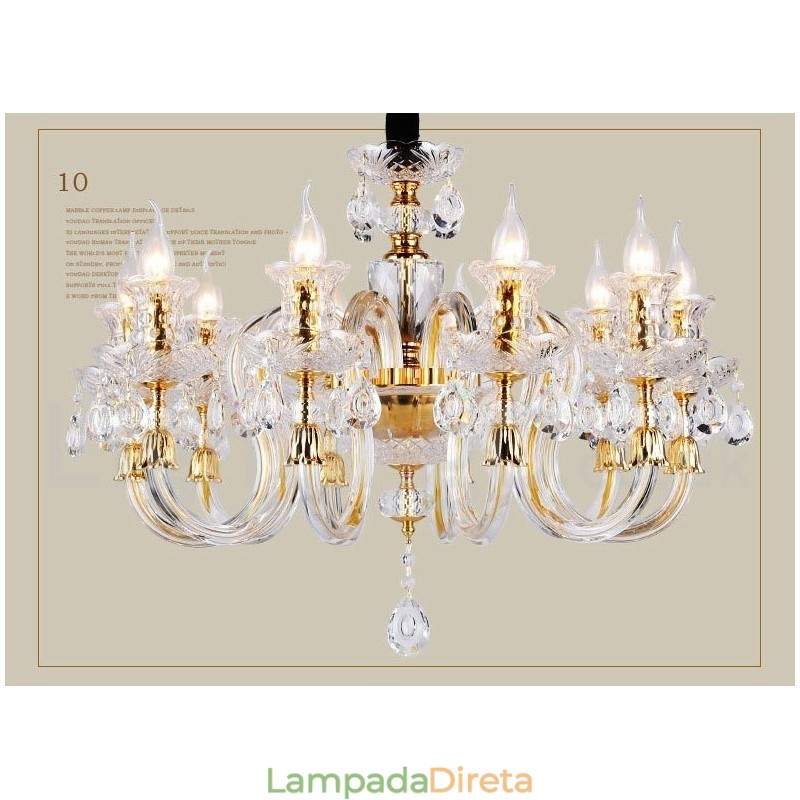 Lustre de vela de cristal transparente K9 cor ouro retrô