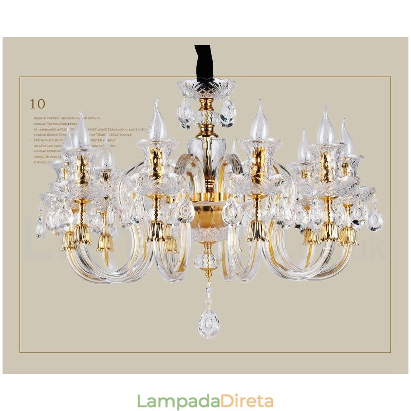 Lustre de vela de cristal transparente K9 cor ouro retrô