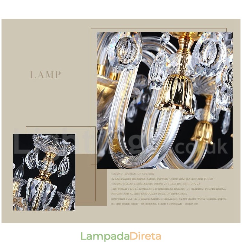 Lustre de vela de cristal transparente K9 cor ouro retrô
