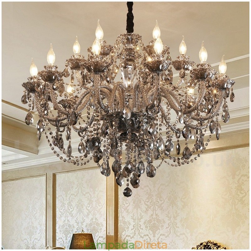 18 Luzes Retro Cinza Cor K9 Cristal Vela Grande Lustre