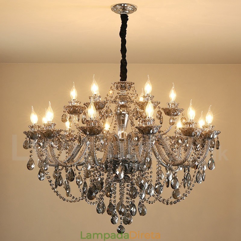 18 Luzes Retro Cinza Cor K9 Cristal Vela Grande Lustre