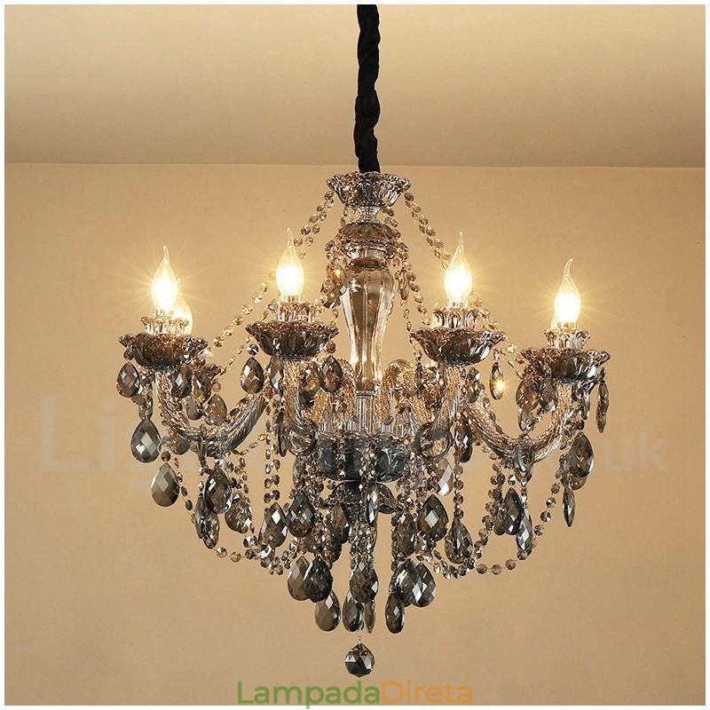 8 Luzes Retro Cinza Cor K9 Cristal Vela Grande Lustre