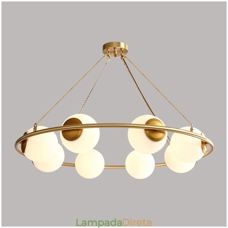 Lustre redondo estilo feijão de latão puro com abajures brancos