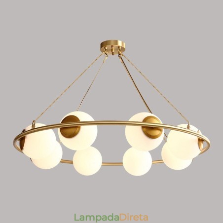 Lustre redondo estilo feijão de latão puro com abajures brancos Lustre redondo estilo feijão de latão puro com abajures brancos