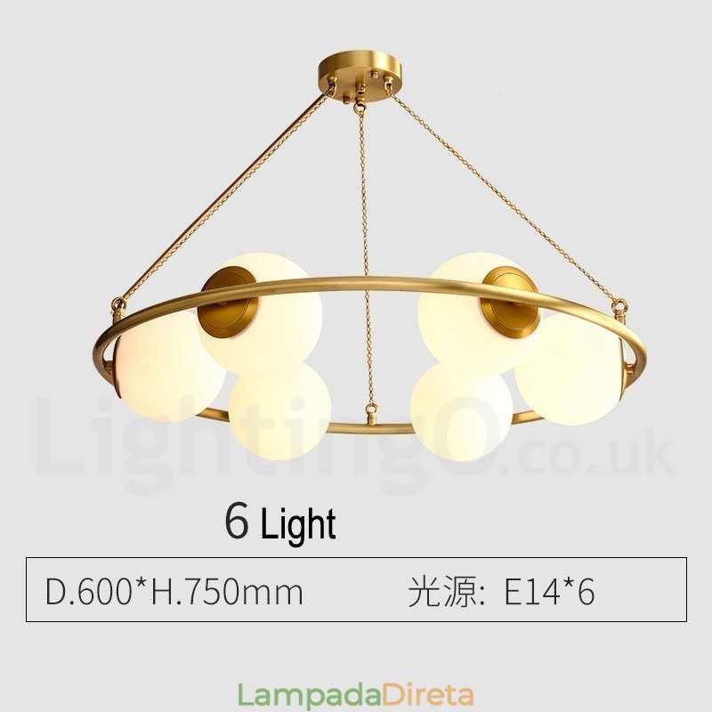 Lustre redondo estilo feijão de latão puro com abajures brancos