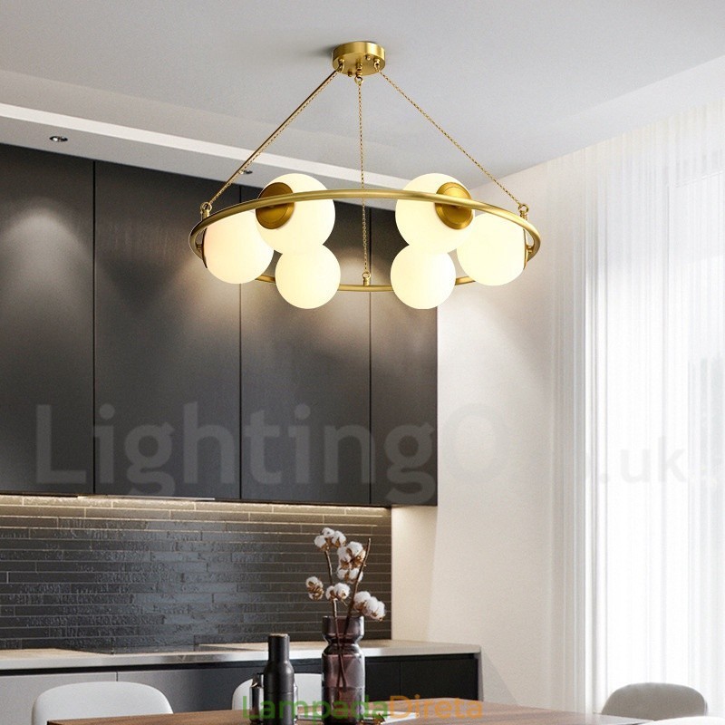 Lustre redondo estilo feijão de latão puro com abajures brancos