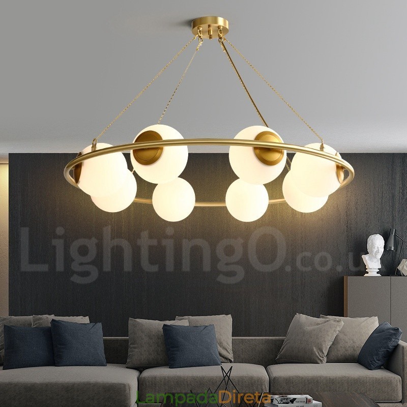 Lustre redondo estilo feijão de latão puro com abajures brancos
