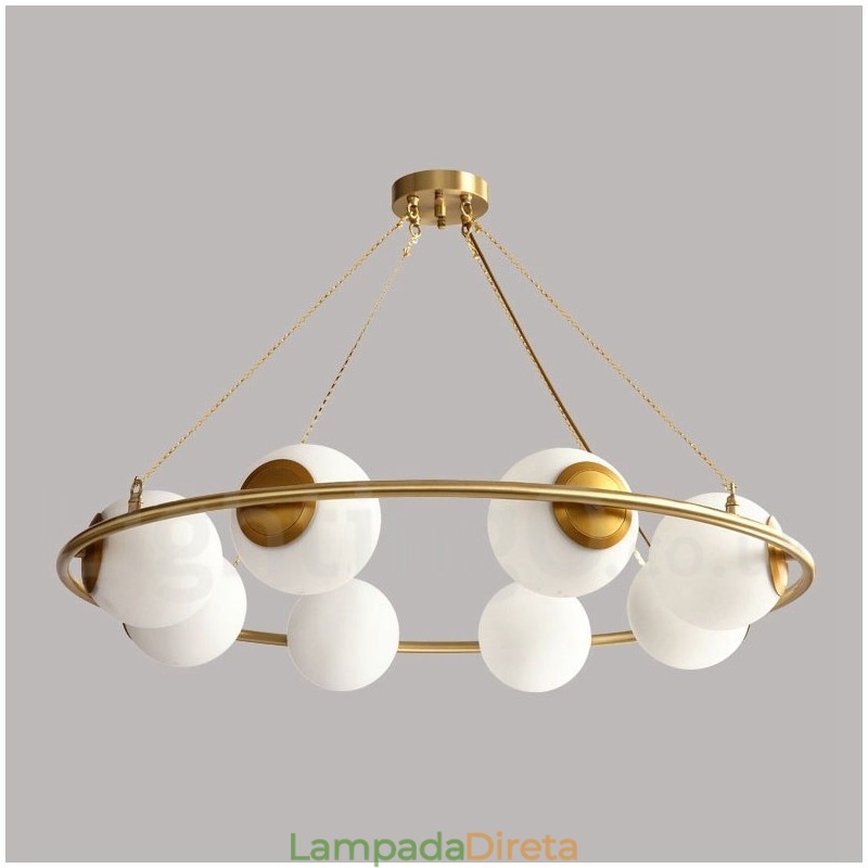 Lustre redondo estilo feijão de latão puro com abajures brancos