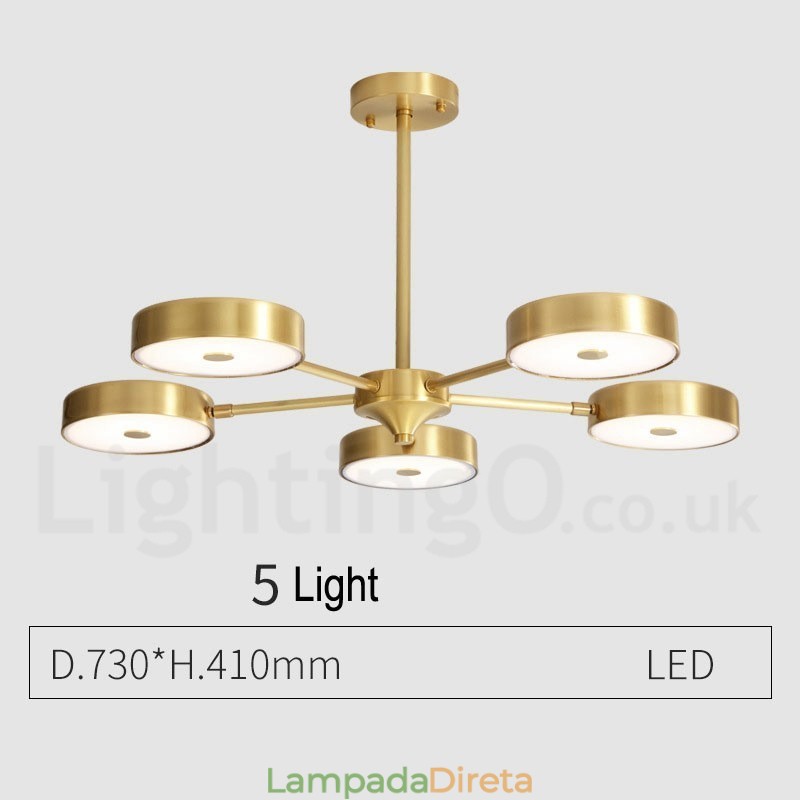 Lustre giratório rústico de latão puro com cúpulas de acrílico