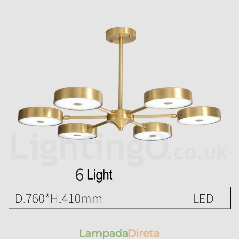 Lustre giratório rústico de latão puro com cúpulas de acrílico