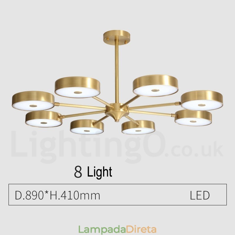 Lustre giratório rústico de latão puro com cúpulas de acrílico