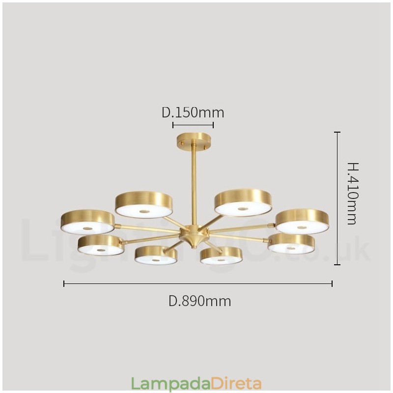 Lustre giratório rústico de latão puro com cúpulas de acrílico