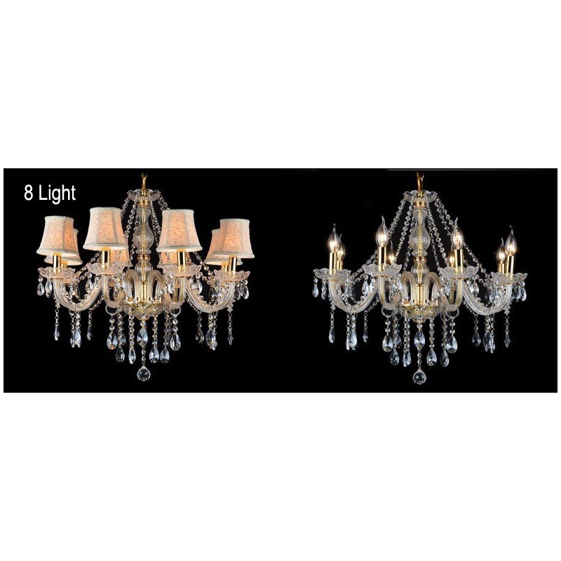Lustre grande de cristal K9 com velas douradas e abajures