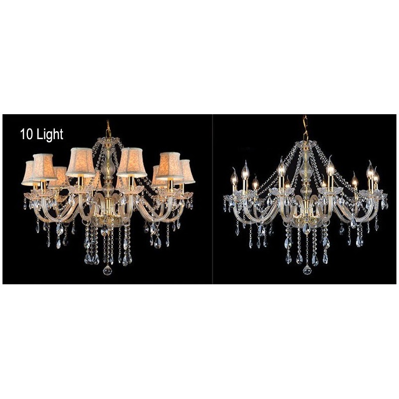 Lustre grande de cristal K9 com velas douradas e abajures