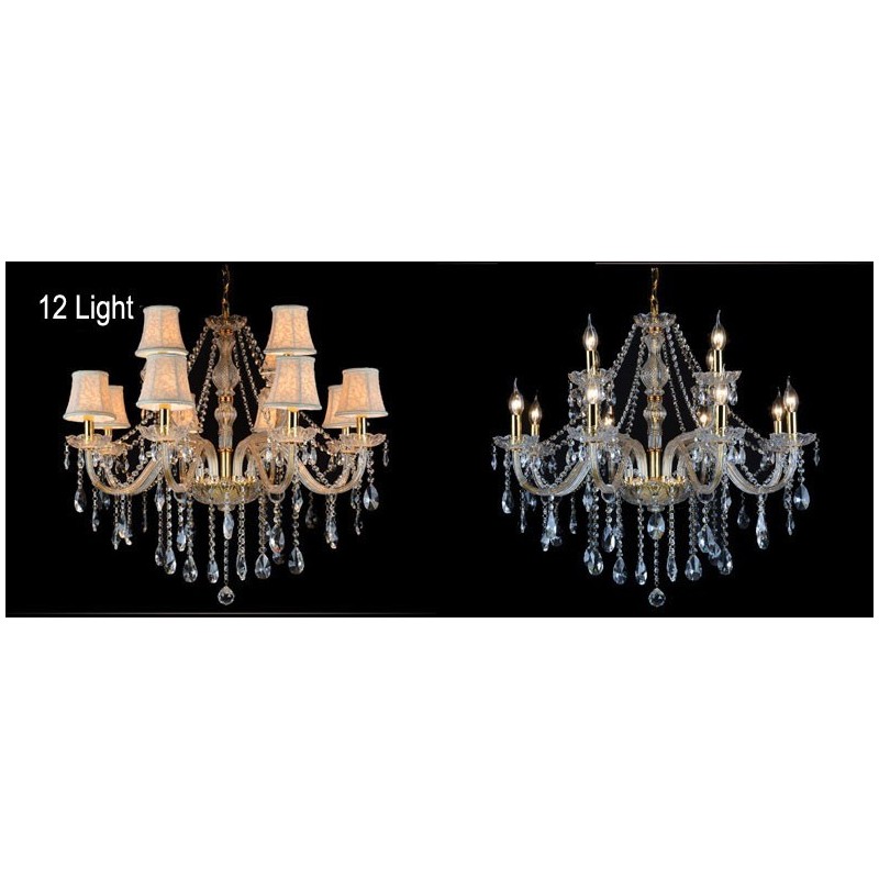 Lustre grande de cristal K9 com velas douradas e abajures