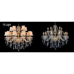 Lustre grande de cristal K9 com velas douradas e abajures
