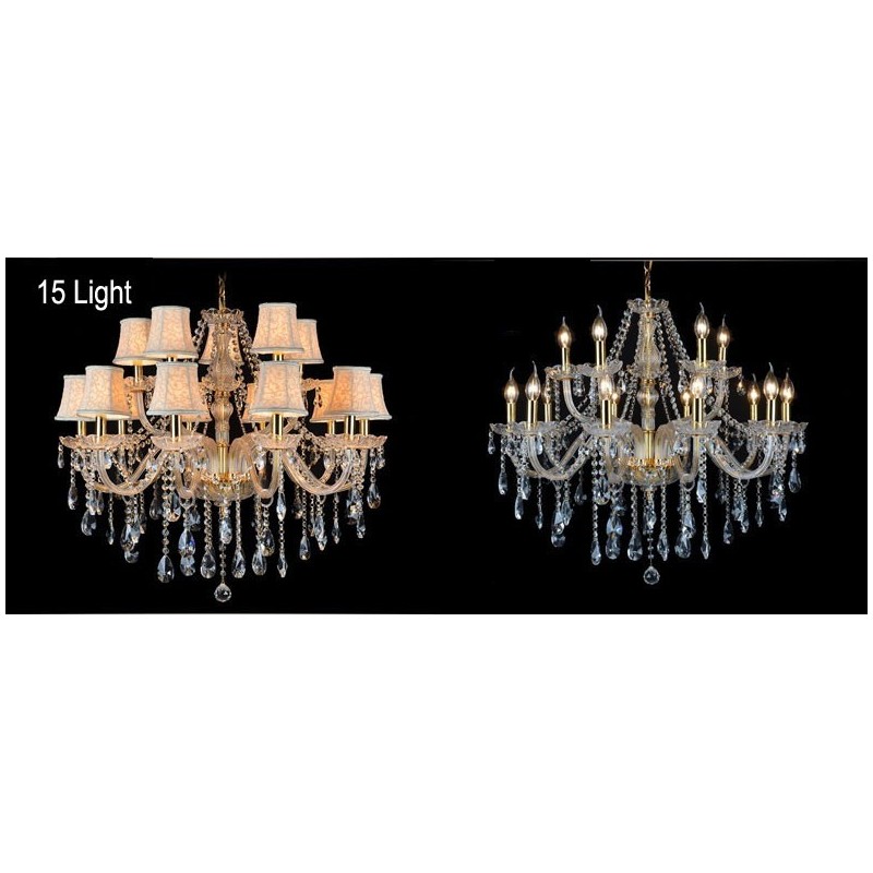 Lustre grande de cristal K9 com velas douradas e abajures