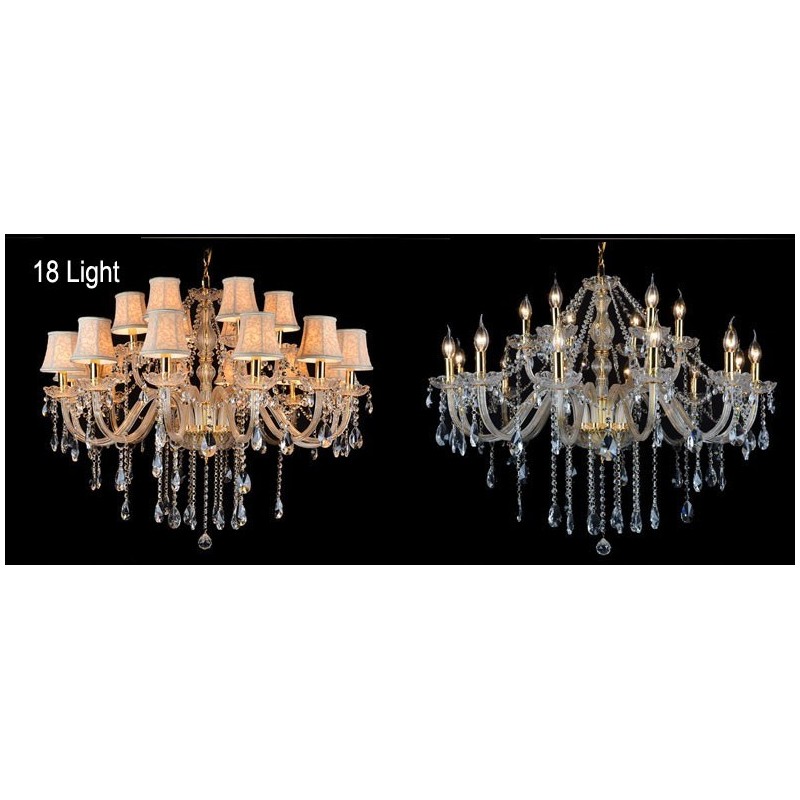 Lustre grande de cristal K9 com velas douradas e abajures