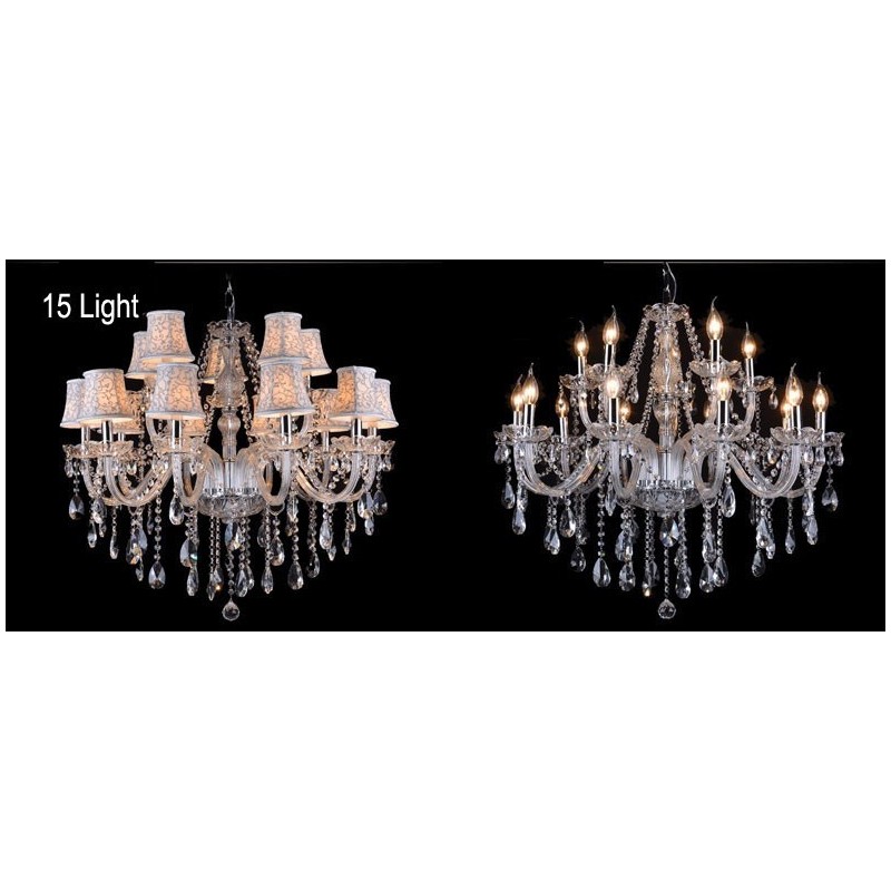 Lustre grande de cristal K9 com velas transparentes e abajures