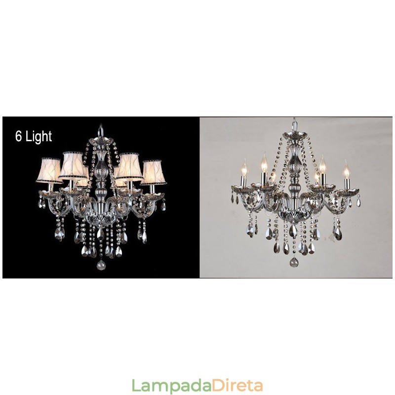 Lustre grande de cristal K9 com velas de cor cinza e abajures