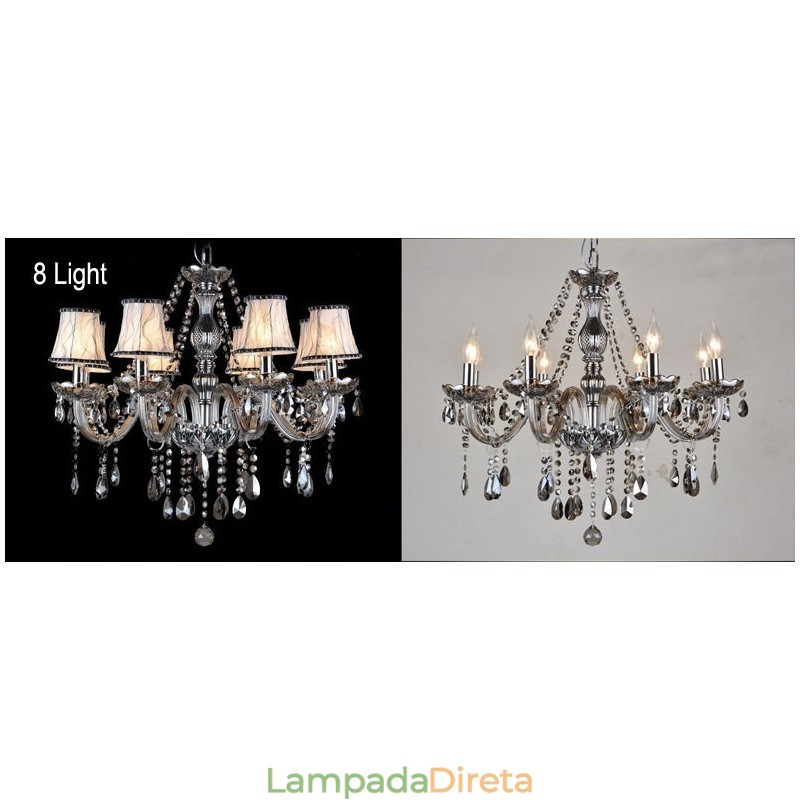 Lustre grande de cristal K9 com velas de cor cinza e abajures