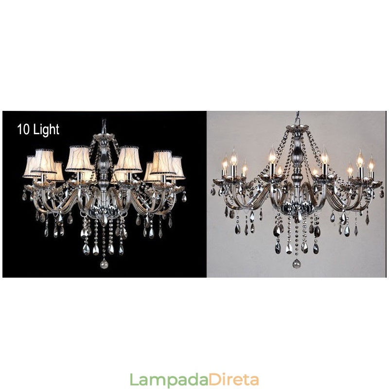Lustre grande de cristal K9 com velas de cor cinza e abajures