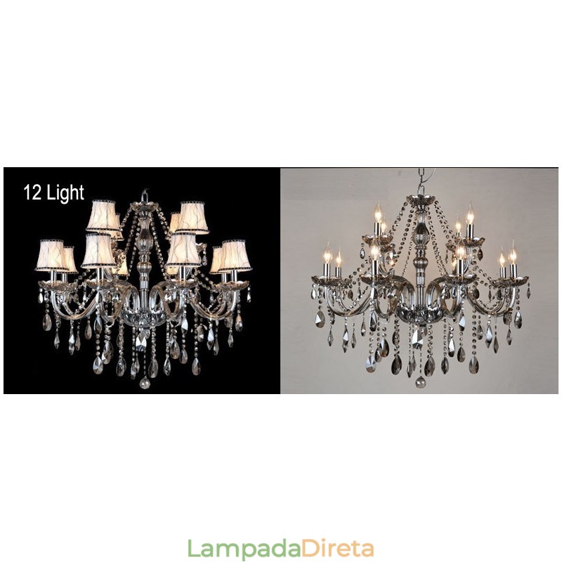 Lustre grande de cristal K9 com velas de cor cinza e abajures