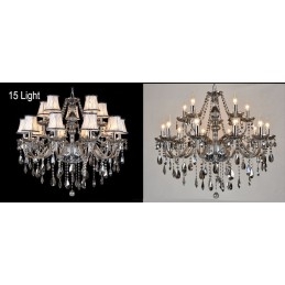 Lustre grande de cristal K9 com velas de cor cinza e abajures