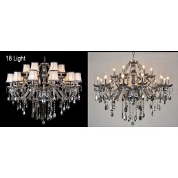Lustre grande de cristal K9 com velas de cor cinza e abajures