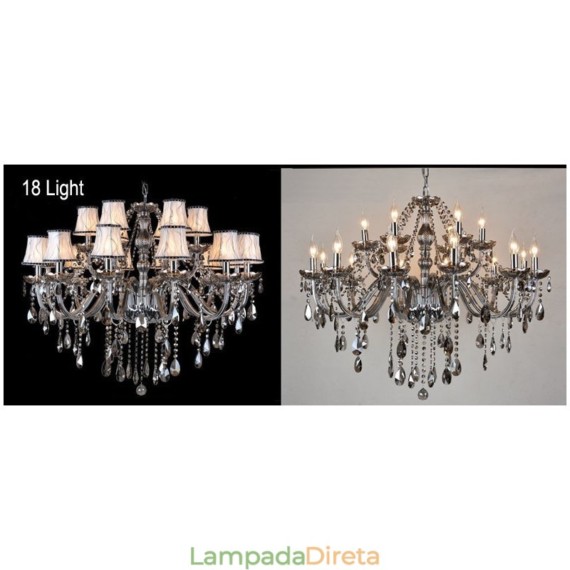 Lustre grande de cristal K9 com velas de cor cinza e abajures