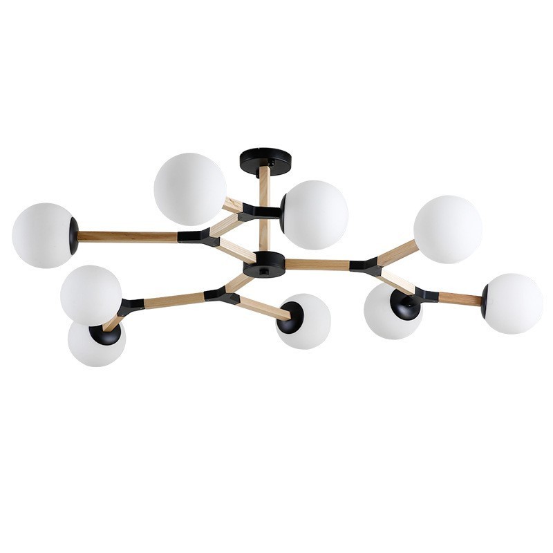 Lustre molecular de madeira nórdico moderno em forma de feijão mágico com cúpulas de vidro