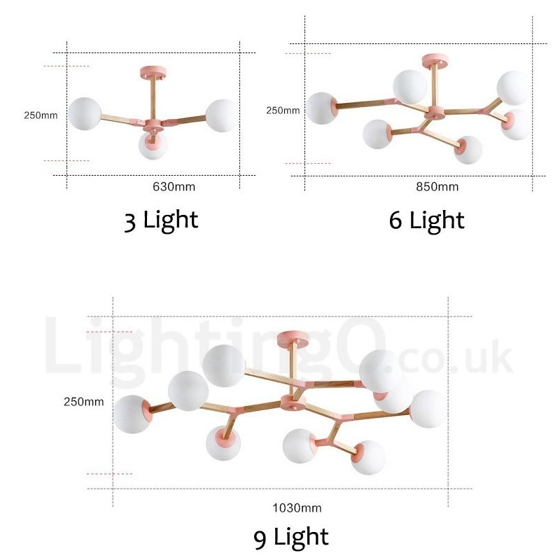 Lustre molecular de madeira nórdico moderno em forma de feijão mágico com cúpulas de vidro