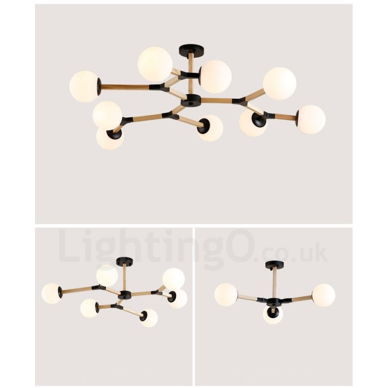 Lustre molecular de madeira nórdico moderno em forma de feijão mágico com cúpulas de vidro