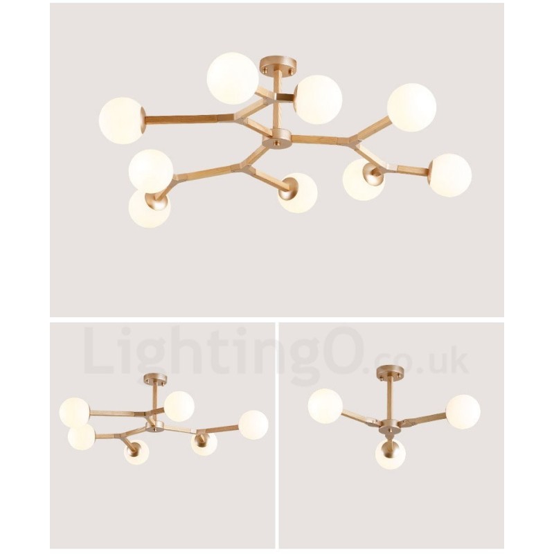 Lustre molecular de madeira nórdico moderno em forma de feijão mágico com cúpulas de vidro